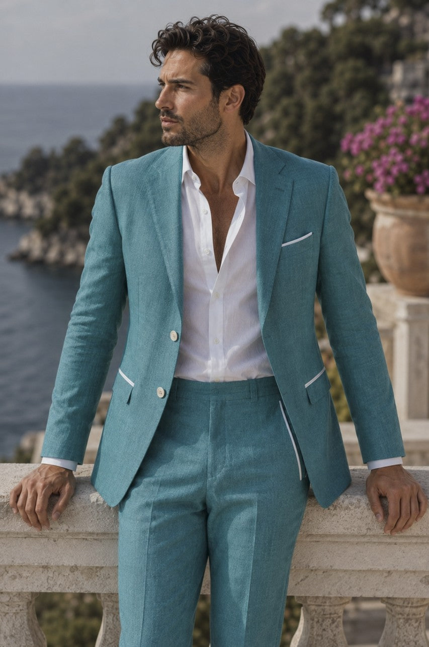 Linensuit in green with white Piping